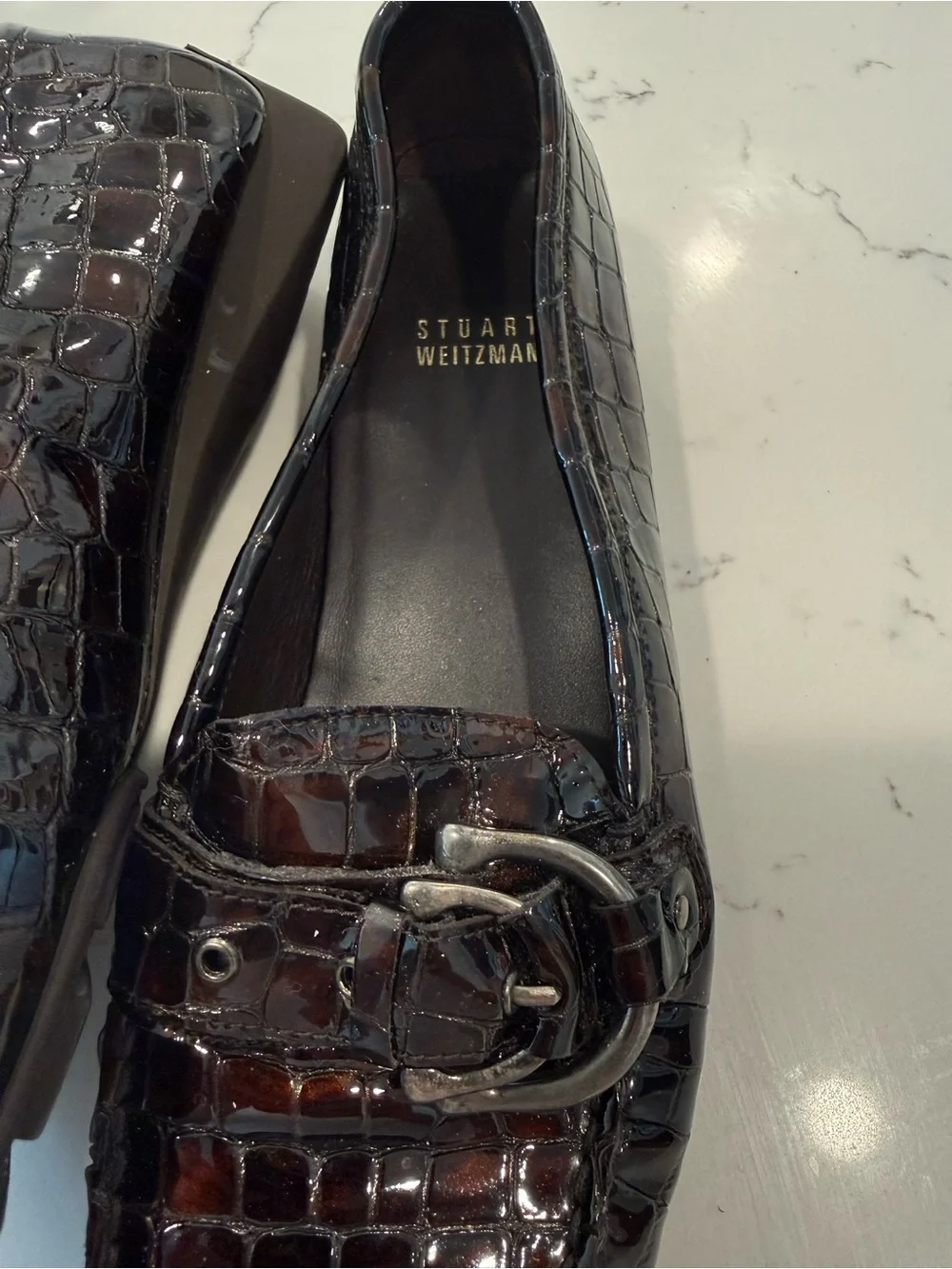 Stuart Weitzman Patent Croc Embossed Buckle Driving Loafers Espresso Brown 8.5 M